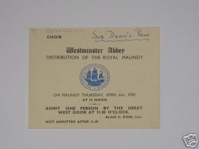 1950 Pink Maundy Service entry ticket.