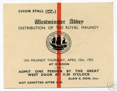 1952 Maundy Service entry ticket.