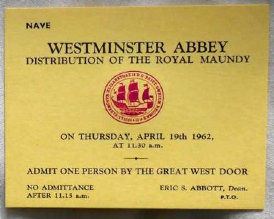 1962 Maundy Service entry ticket.