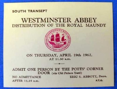 1962 Maundy Service entry ticket.