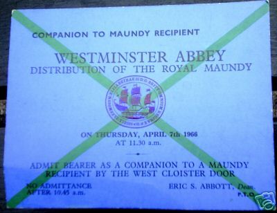 1966 Maundy Service entry ticket.