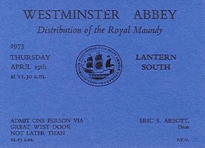 1973 Maundy Service entry ticket.