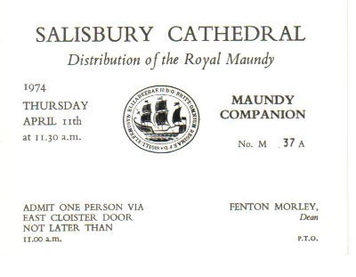 1974 Maundy Service entry ticket.