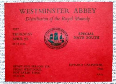 1977 Maundy Service entry ticket.