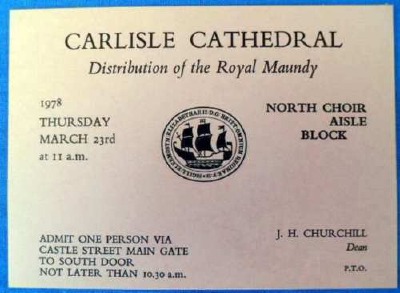1978 Maundy Service entry ticket.
