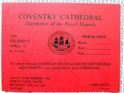 1995 Maundy Service entry ticket.