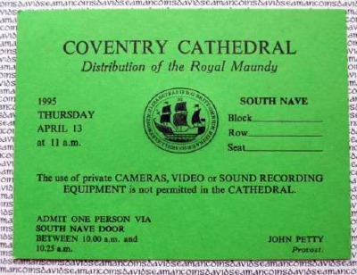 1995 Maundy Service entry ticket.