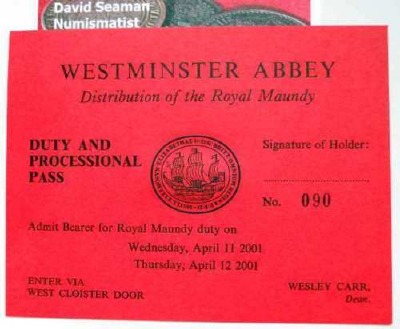 2001 Maundy Service entry ticket.