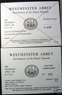 2001 Maundy Service entry ticket.