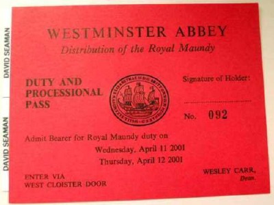 2001 Maundy Service entry ticket.